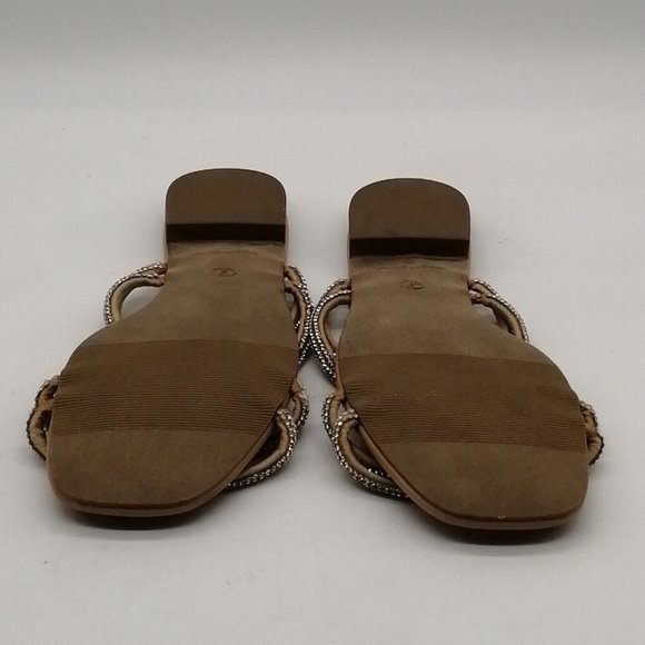 NY&C Womens Sandal Tan Double Rhinestone Covered Straps Slide Low Block Heels 10 - Picture 4 of 10